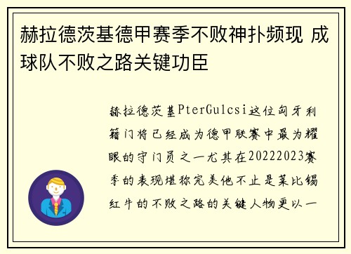 赫拉德茨基德甲赛季不败神扑频现 成球队不败之路关键功臣 赫拉德茨基德甲赛季不败神扑频现 成球队不败之路关键功臣