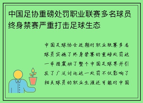 中国足协重磅处罚职业联赛多名球员终身禁赛严重打击足球生态