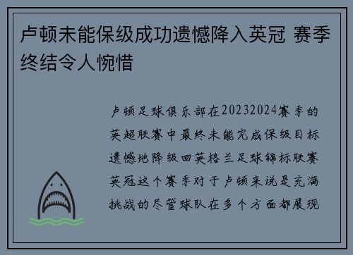 卢顿未能保级成功遗憾降入英冠 赛季终结令人惋惜